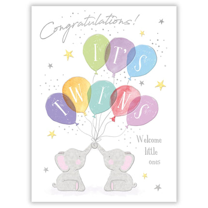 New Baby Twins Congratulations Card - Birth Congratulations Card with Elephants and Balloons Design