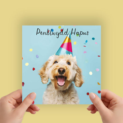 Welsh Birthday Card, Party Dog, Penblwydd Hapus