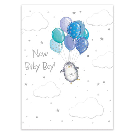 New Baby Boy Congratulations Card - Cute Penguin & Balloons - Embossed Foil Finish - Eco-Friendly & Made in the UK