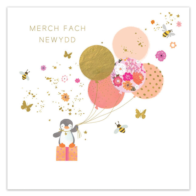 Welsh New Baby Girl Card , Cute Penguin, Merch Fach Newydd
