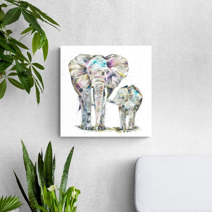 Elephants Canvas Print Wall Art - Animal Themed Home Decor - Nicola Jane Rowles Artwork - Ready to Hang 'Elephant and Baby' Painting - 40 x 40cm