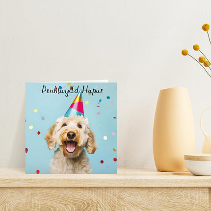 Welsh Birthday Card, Party Dog, Penblwydd Hapus