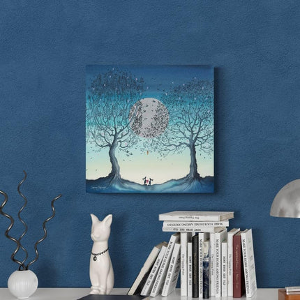 Rabbits, Trees & Moon Canvas Wall Art - 'Hope Moon II' by Catherine J Stephenson - Whimsical Love-Themed Animal Print - Ready to Hang Home Décor - 40cm x 40cm
