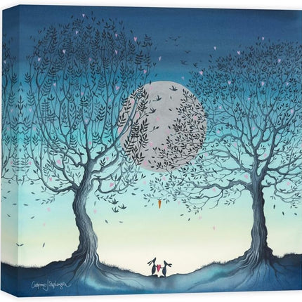 Rabbits, Trees & Moon Canvas Wall Art - 'Hope Moon II' by Catherine J Stephenson - Whimsical Love-Themed Animal Print - Ready to Hang Home Décor - 40cm x 40cm