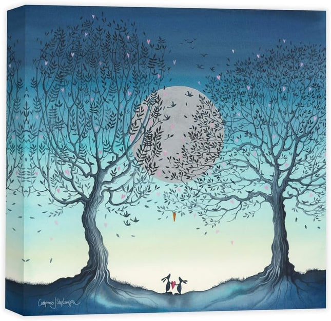Rabbits, Trees & Moon Canvas Wall Art - 'Hope Moon II' by Catherine J Stephenson - Whimsical Love-Themed Animal Print - Ready to Hang Home Décor - 40cm x 40cm