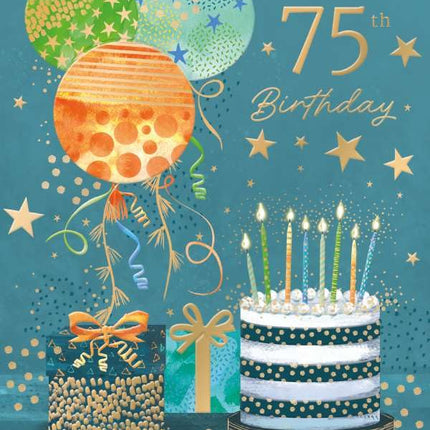 75th Birthday Card for Him - Cake & Balloons Design with Embossed Foil Finish, Eco-Friendly & Made in the UK