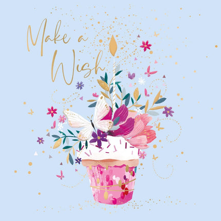 Birthday Card for Women - Pretty Cupcake, Flowers & Butterfly Design - Embossed Gold Foil Finish - Premium Special Birthday Greeting Card with Envelope for Her