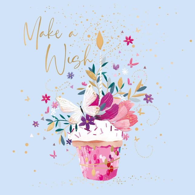 Birthday Card for Women - Pretty Cupcake, Flowers & Butterfly Design - Embossed Gold Foil Finish - Premium Special Birthday Greeting Card with Envelope for Her