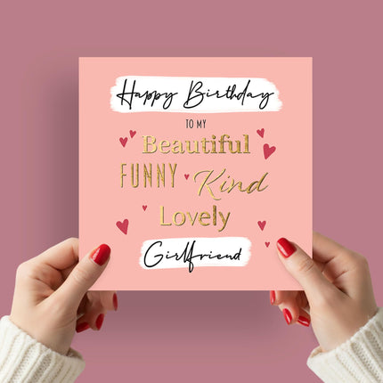 Birthday Card for Girlfriend - Love Hearts - Beautiful, Funny, Kind, Lovely - Premium Greeting Card with Envelope - Eco-Friendly & Recyclable
