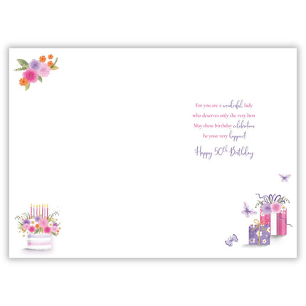 Female 50th Birthday Card - Happy Birthday Card for Women Age 50 with Floral Cake Design and Sentiment Verse