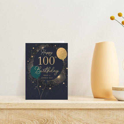 100th Birthday Card - Age 100 Gold Balloons with Embossed Foil Finish, Eco-Friendly & Made in the UK