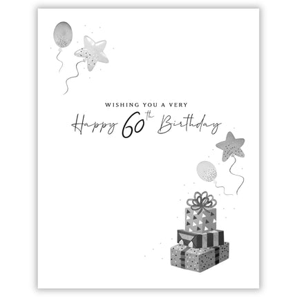 60th Birthday Card - Happy Birthday Card with Celebration Cake and Balloons Design and Special Finishes - Birthday Card for Men