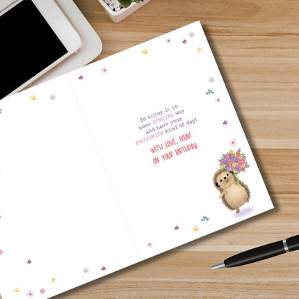 Birthday Card for a Special Mum – Hedgehog & Flowers Design