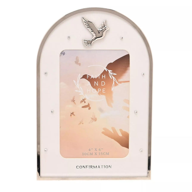 Widdop & Co. Faith & Hope Confirmation Photo Frame 4 x 6 Inch - Religious Confirmation Gift - Freestanding Silver Arch Picture Frame Keepsake