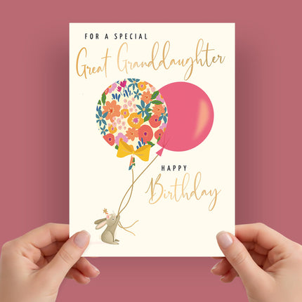 Birthday Card for a Special Great Granddaughter - Bunny Rabbit and Balloons Design with Foil Finish, Eco-Friendly & Made in the UK