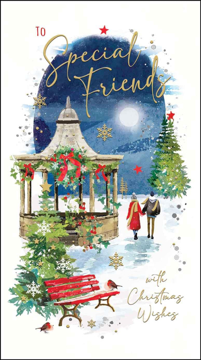 Special Friends Christmas Card - Couple Walking in the Snow - Artistic Festive Design - Special Finishes and Illustrated Insert Leaf - Made in the UK