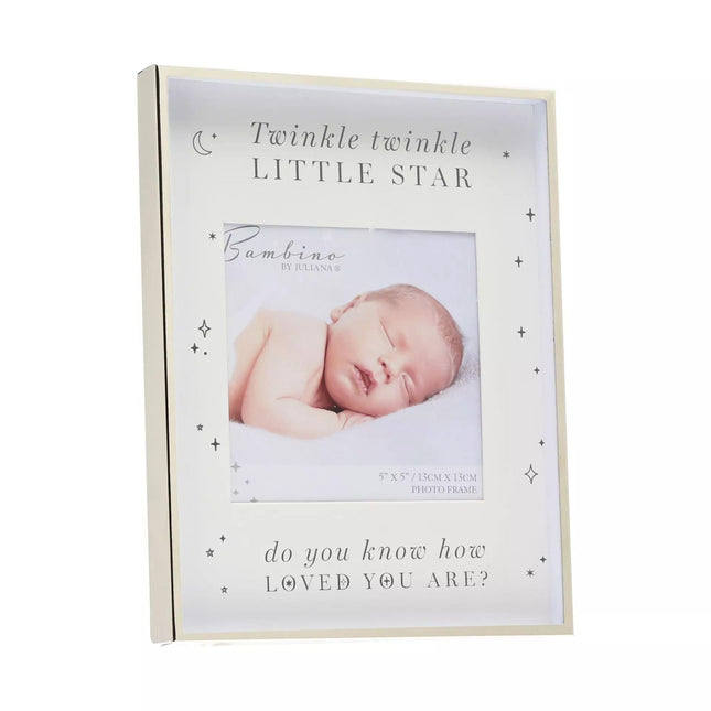 Widdop & Co. Baby Photo Frame 23.5 x 18 cm - ‘Twinkle Twinkle Little Star’ Design with Sentiment - White and Silver Nursery Frame - Freestanding Baby Keepsake Gift