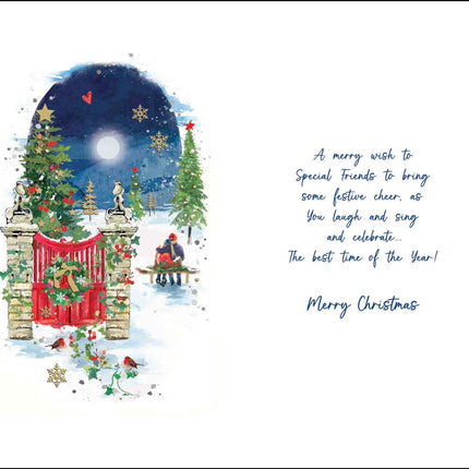 Special Friends Christmas Card - Couple Walking in the Snow - Artistic Festive Design - Special Finishes and Illustrated Insert Leaf - Made in the UK