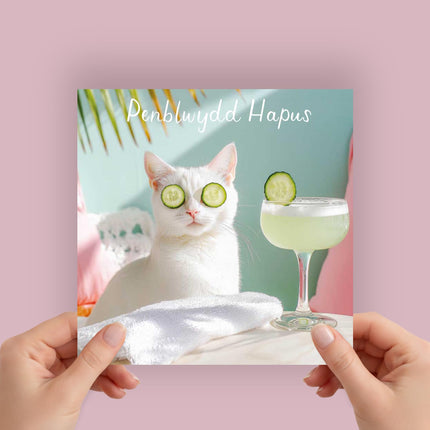 Funny Welsh Birthday Card for Her, Spa Cat, Penblwydd Hapus
