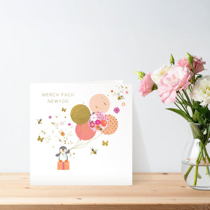 Welsh New Baby Girl Card , Cute Penguin, Merch Fach Newydd
