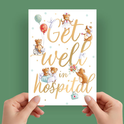 Get Well Soon Card for Hospital Stay - Teddy Bear Nurse Design with Embossed Foil Finish, Eco-Friendly & Made in the UK