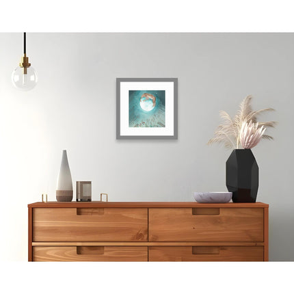 Hare and Moon Framed Print Wall Art - Contemporary Animal Themed Home Decor - Sarah Reilly Artwork - Ready to Hang 'Hugging the Moon' Painting - 43.5 x 43.5cm
