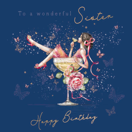 Birthday Card for Sister - Pretty Floral Cocktail Design - Premium Greeting Card with Envelope