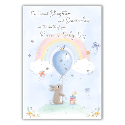 Special Daughter and Son-in-Law Birth of Baby Boy Card - Congratulations - Cute Artistic Rabbit and Rainbow Design - Made in the UK - Eco-Friendly
