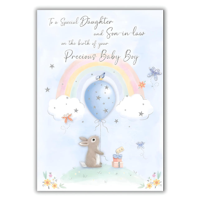 Special Daughter and Son-in-Law Birth of Baby Boy Card - Congratulations - Cute Artistic Rabbit and Rainbow Design - Made in the UK - Eco-Friendly
