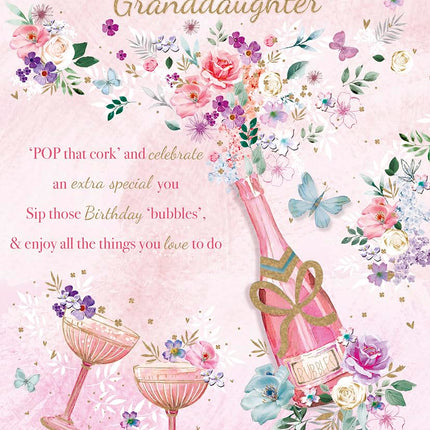 Granddaughter Birthday Card - Special Granddaughter - Champagne and Butterflies - Floral Design - Made in the UK - Eco-Friendly