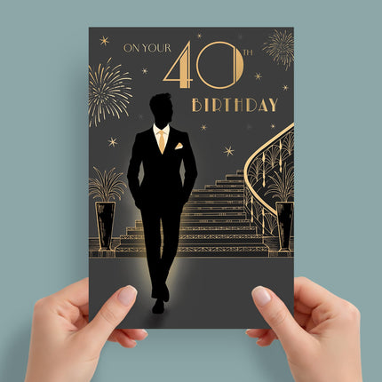 40th Birthday Card for Him - Stylish Art Deco Design with Foil Finish & Illustrated Insert Leaf, Eco-Friendly & Made in the UK