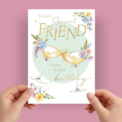 Birthday Card for a Special Friend - Drinks & Flowers Design with Embossed Foil Finish, Eco-Friendly & Made in the UK