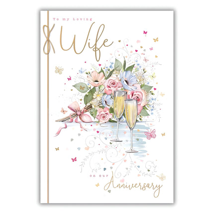 Anniversary Card for Wife - Pretty Champagne & Floral Bouquet Design - Premium Happy Anniversary Greeting Card with Envelope