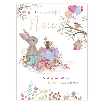 Birthday Card for Niece - Cute Bunny Rabbit & Flowers Design - Embossed Gold Foil Finish - Premium Greeting Card with Envelope