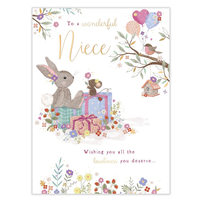 Birthday Card for Niece - Cute Bunny Rabbit & Flowers Design - Embossed Gold Foil Finish - Premium Greeting Card with Envelope