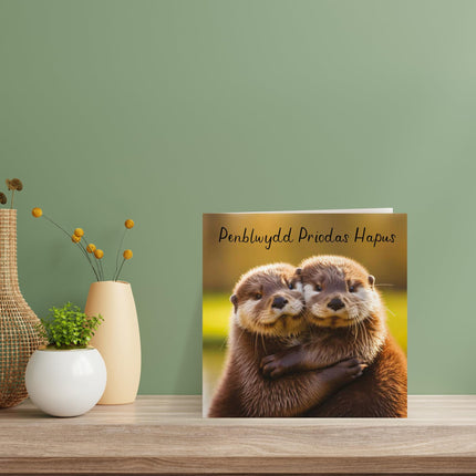 Welsh Anniversary Card, Cute Otters, Penblwydd Priodas Hapus