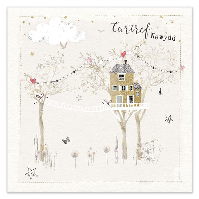 Welsh New Home Card, Pretty Treehouse, Cartref Newydd