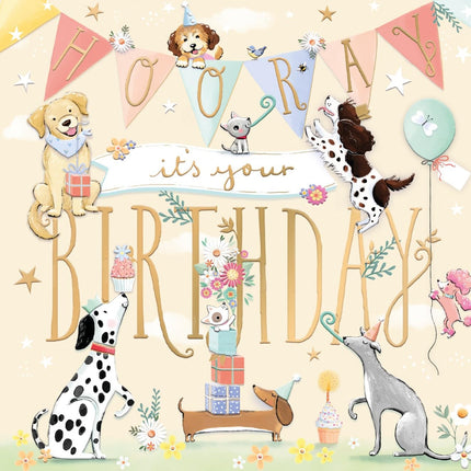 Birthday Card for Women - Adorable Dogs & Party Design - Embossed Gold Foil Finish - Premium Greeting Card with Envelope