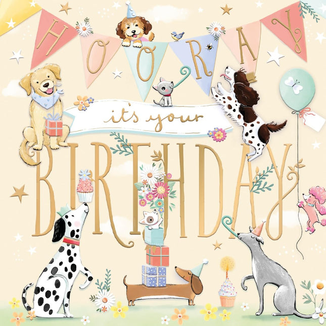 Birthday Card for Women - Adorable Dogs & Party Design - Embossed Gold Foil Finish - Premium Greeting Card with Envelope