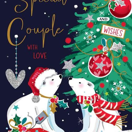 Special Couple Christmas Card - Polar Bears and Christmas Tree - Contemporary Artistic Festive Design - Special Finishes and Illustrated Insert Leaf - Made in the UK