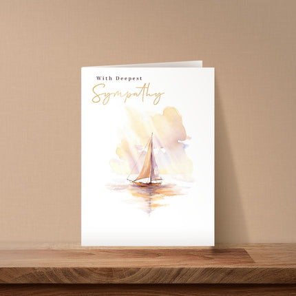Deepest Sympathy Card - Serene Sailing Boat Design - Embossed Gold Foil Finish - Thinking of You Premium Greeting Card with Envelope