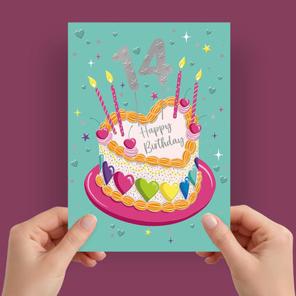 14th Birthday Card for Girls, Cake & Hearts Design