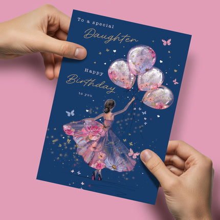 Birthday Card for Daughter - Elegant Girl & Floral Balloons Design - Premium Greeting Card with Envelope