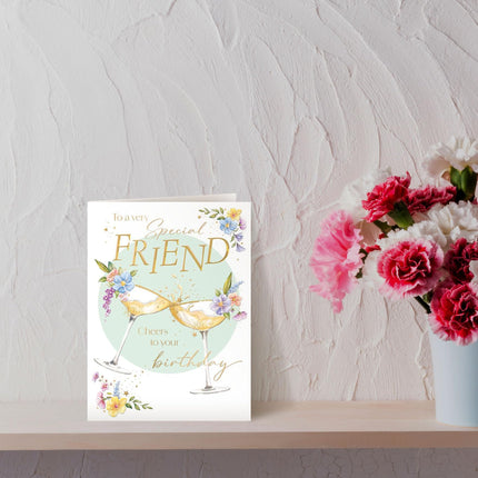 Birthday Card for a Special Friend - Drinks & Flowers Design with Embossed Foil Finish, Eco-Friendly & Made in the UK