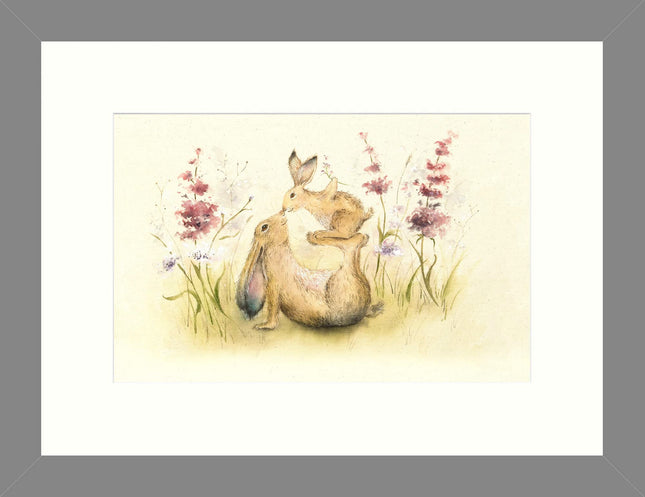 Hares Framed Print - Precious One Painting by Sarah Reilly - Contemporary Animal Themed Artwork - 43.5 x 33.5 cm