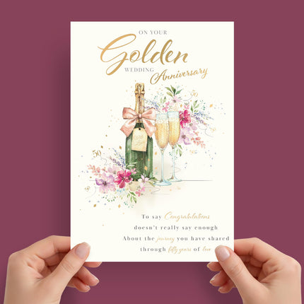 Golden Anniversary Card, Heartfelt Verse Champagne Design
