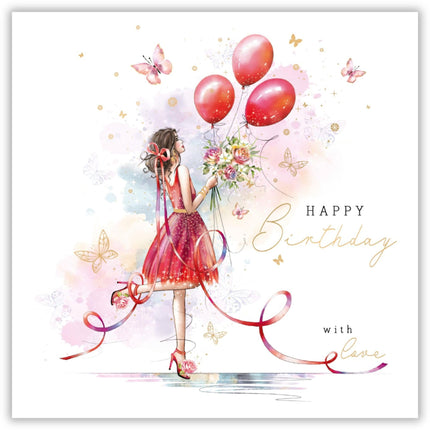 Birthday Card for Women - Elegant Lady and Balloon Design - Embossed Foil Finish - Pretty Birthday Greeting Card