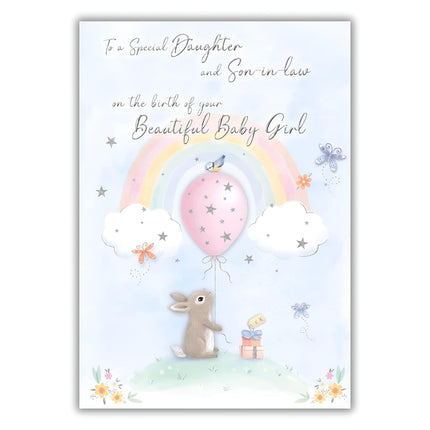 Special Daughter and Son-in-Law Birth of Baby Girl Card - Congratulations - Cute Artistic Rabbit and Rainbow Design - Made in the UK - Eco-Friendly