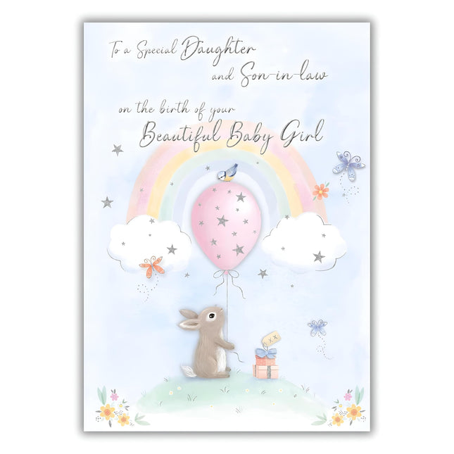Special Daughter and Son-in-Law Birth of Baby Girl Card - Congratulations - Cute Artistic Rabbit and Rainbow Design - Made in the UK - Eco-Friendly