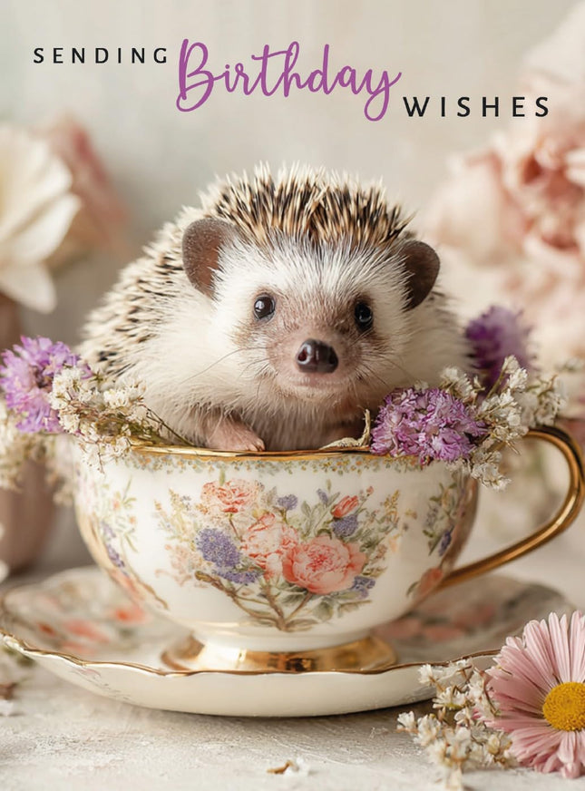 Birthday Card for Her, Cute Teacup Hedgehog